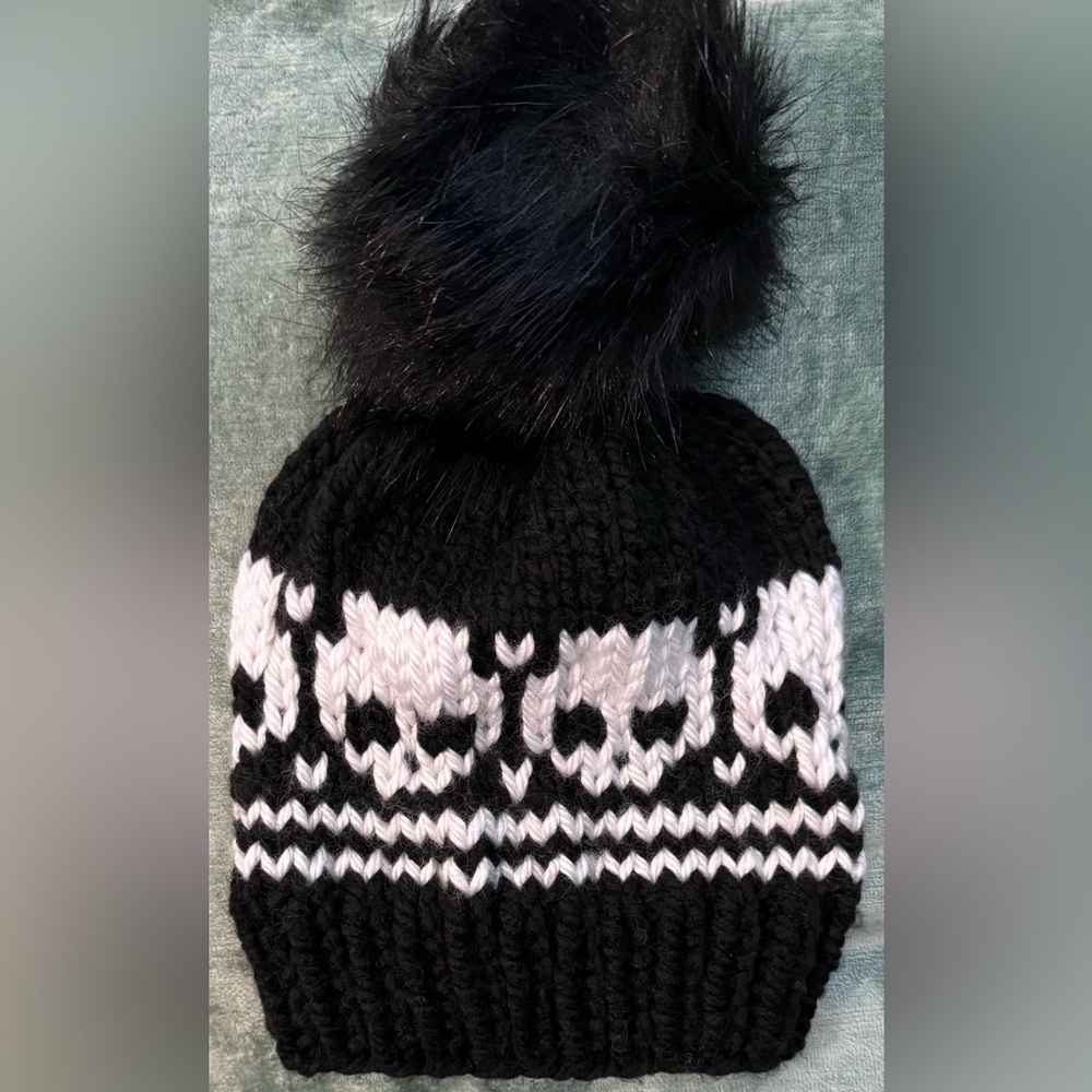 Handmade Hand Crafted Adult Knit Skull hat black and white